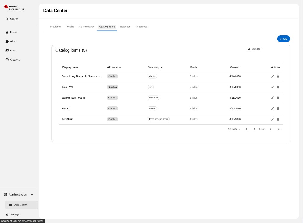 Catalog Items tab showing a table of catalog items with columns for display name, API version, service type, fields count, created date, and actions