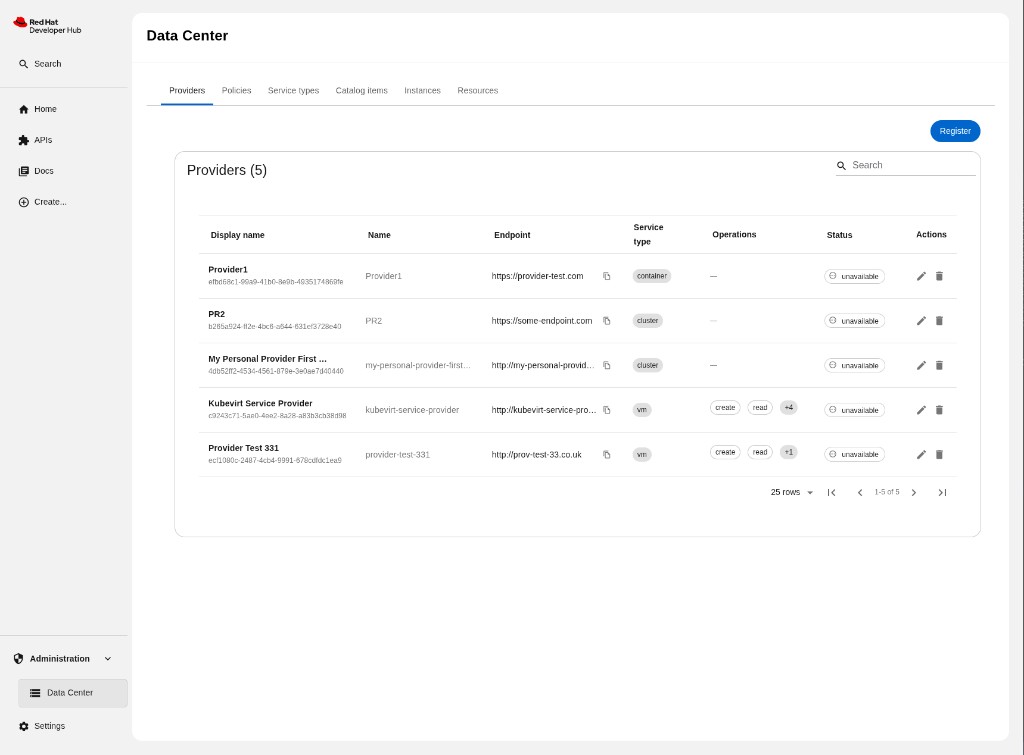 Providers tab showing a table of registered providers with columns for display name, name, endpoint, service type, operations, status, and actions